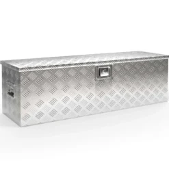 Wiltec Werkzeugbox Alu 124x37x38 cm Silberfarbene Transportbox, Werkzeugkiste inkl. Schlüssel, Alubox und Staukasten mit Handgriffen, großzügige Deichselbox