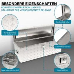 Wiltec Werkzeugbox Alu 124x37x38 cm Silberfarbene Transportbox, Werkzeugkiste inkl. Schlüssel, Alubox und Staukasten mit Handgriffen, großzügige Deichselbox