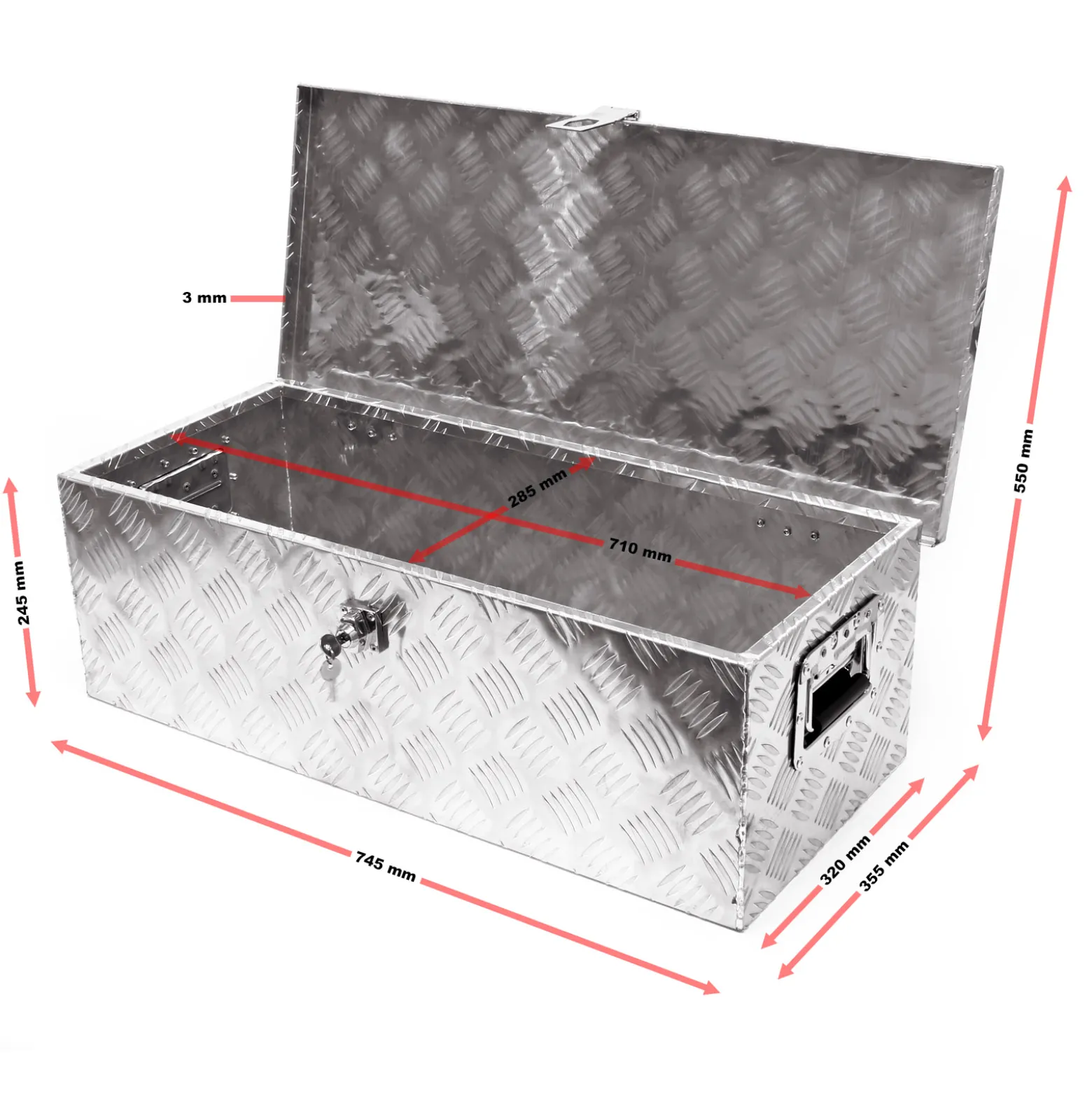 Wiltec Werkzeugbox Alu 76x32x24,5 cm Silberfarbene Transportbox, Werkzeugkiste inkl. Schlüssel, Alubox mit Handgriffen, großzügige Deichselbox
