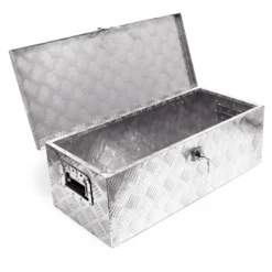 Wiltec Werkzeugbox Alu 76x32x24,5 cm Silberfarbene Transportbox, Werkzeugkiste inkl. Schlüssel, Alubox mit Handgriffen, großzügige Deichselbox