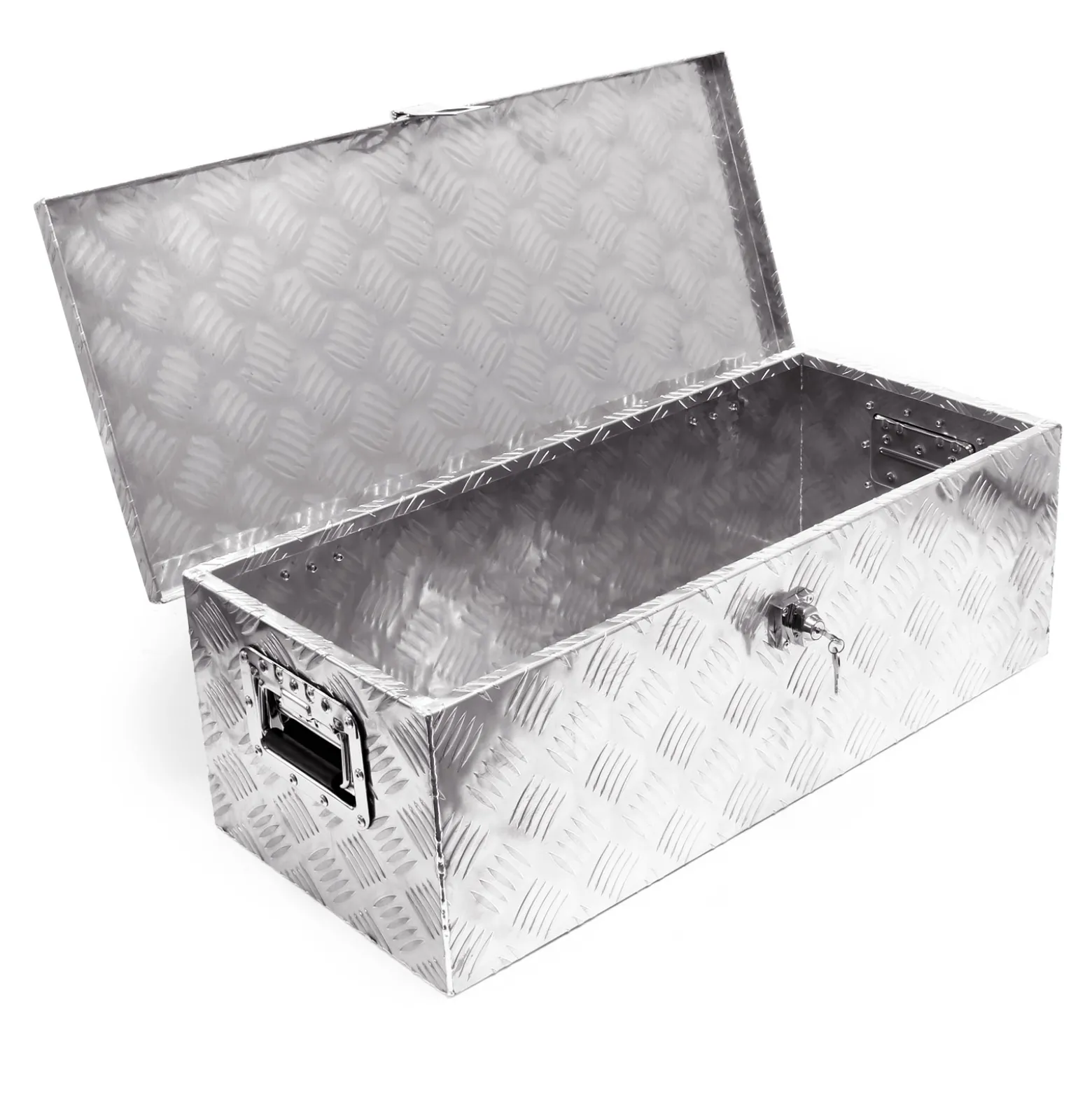 Wiltec Werkzeugbox Alu 76x32x24,5 cm Silberfarbene Transportbox, Werkzeugkiste inkl. Schlüssel, Alubox mit Handgriffen, großzügige Deichselbox