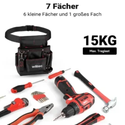 Wiltec Werkzeuggürteltasche 24 x 28 cm bis 15 kg, Werkzeug Gürteltasche 7 Fächer, Werkzeugtasche mit Gürtel verstellbar, robuste Arbeitstasche
