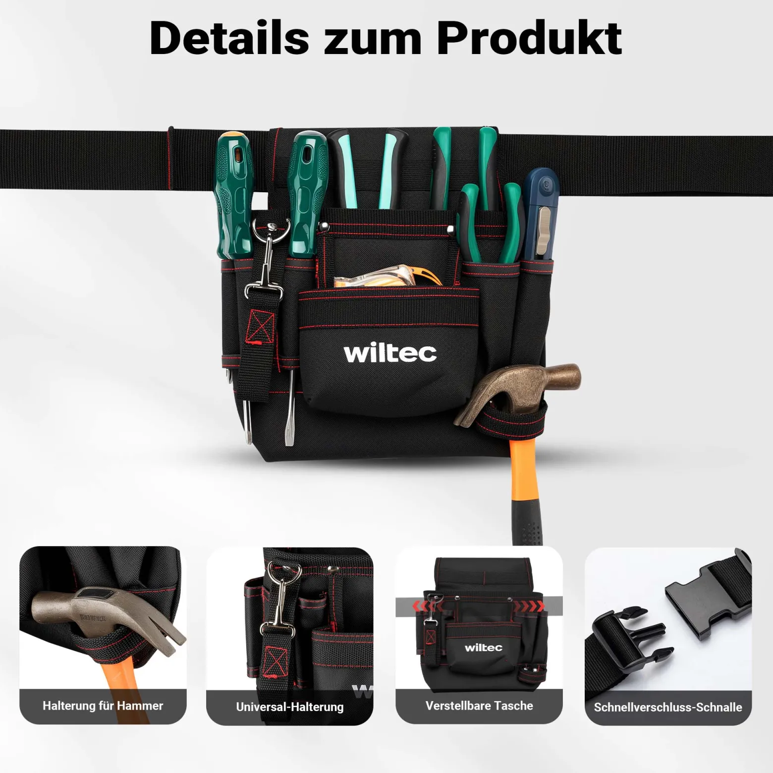 Wiltec Werkzeuggürteltasche 24 x 28 cm bis 15 kg, Werkzeug Gürteltasche 7 Fächer, Werkzeugtasche mit Gürtel verstellbar, robuste Arbeitstasche