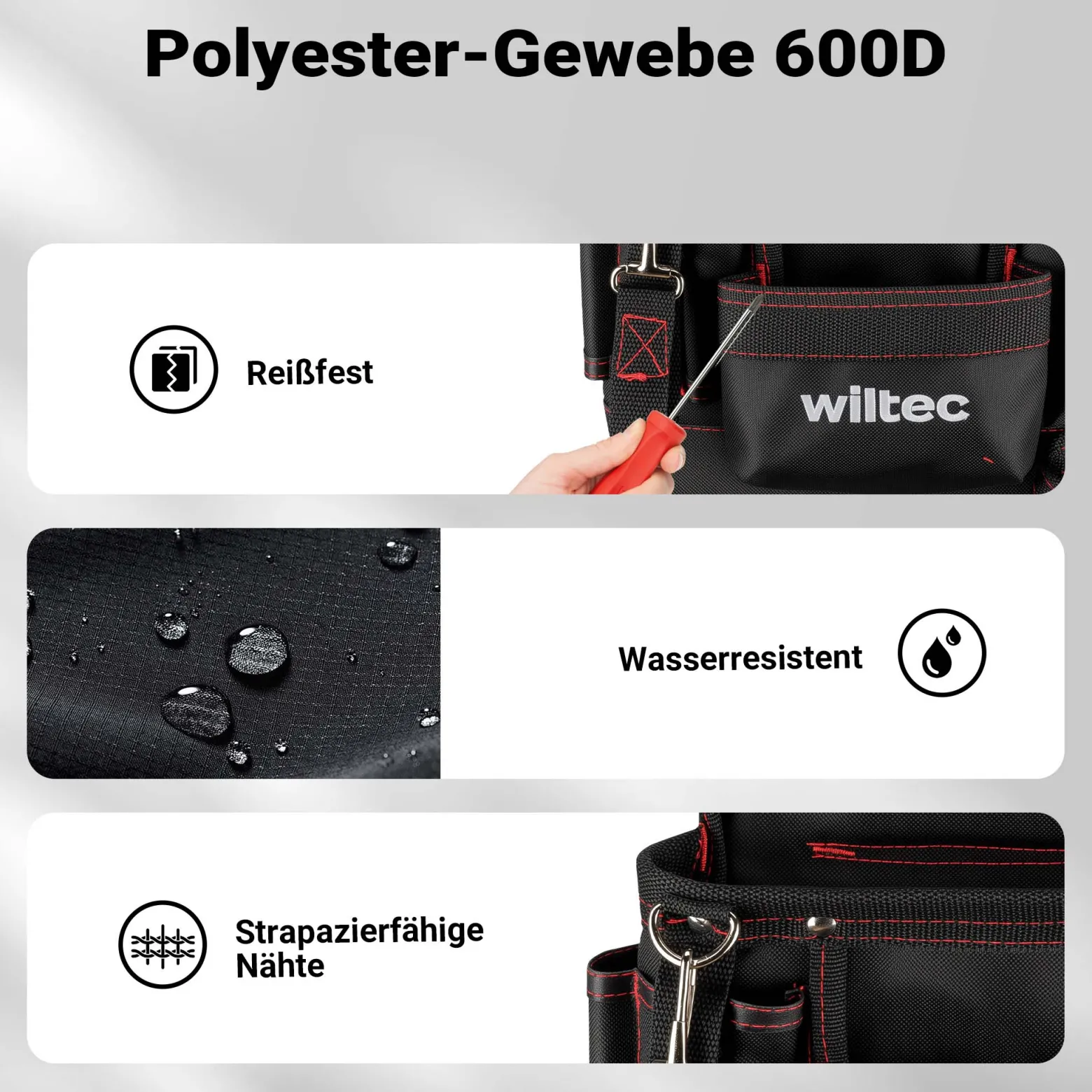 Wiltec Werkzeuggürteltasche 24 x 28 cm bis 15 kg, Werkzeug Gürteltasche 7 Fächer, Werkzeugtasche mit Gürtel verstellbar, robuste Arbeitstasche