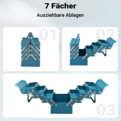 Wiltec Werkzeugkiste 530x200x250mm aus Stahl mit 7 Fächern, beständiger Werkzeugkasten mit Handgriff, Werkzeugbox