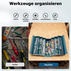 Wiltec Werkzeugkiste 530x200x250mm aus Stahl mit 7 Fächern, beständiger Werkzeugkasten mit Handgriff, Werkzeugbox