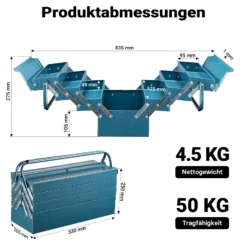 Wiltec Werkzeugkiste 530x200x250mm aus Stahl mit 7 Fächern, beständiger Werkzeugkasten mit Handgriff, Werkzeugbox
