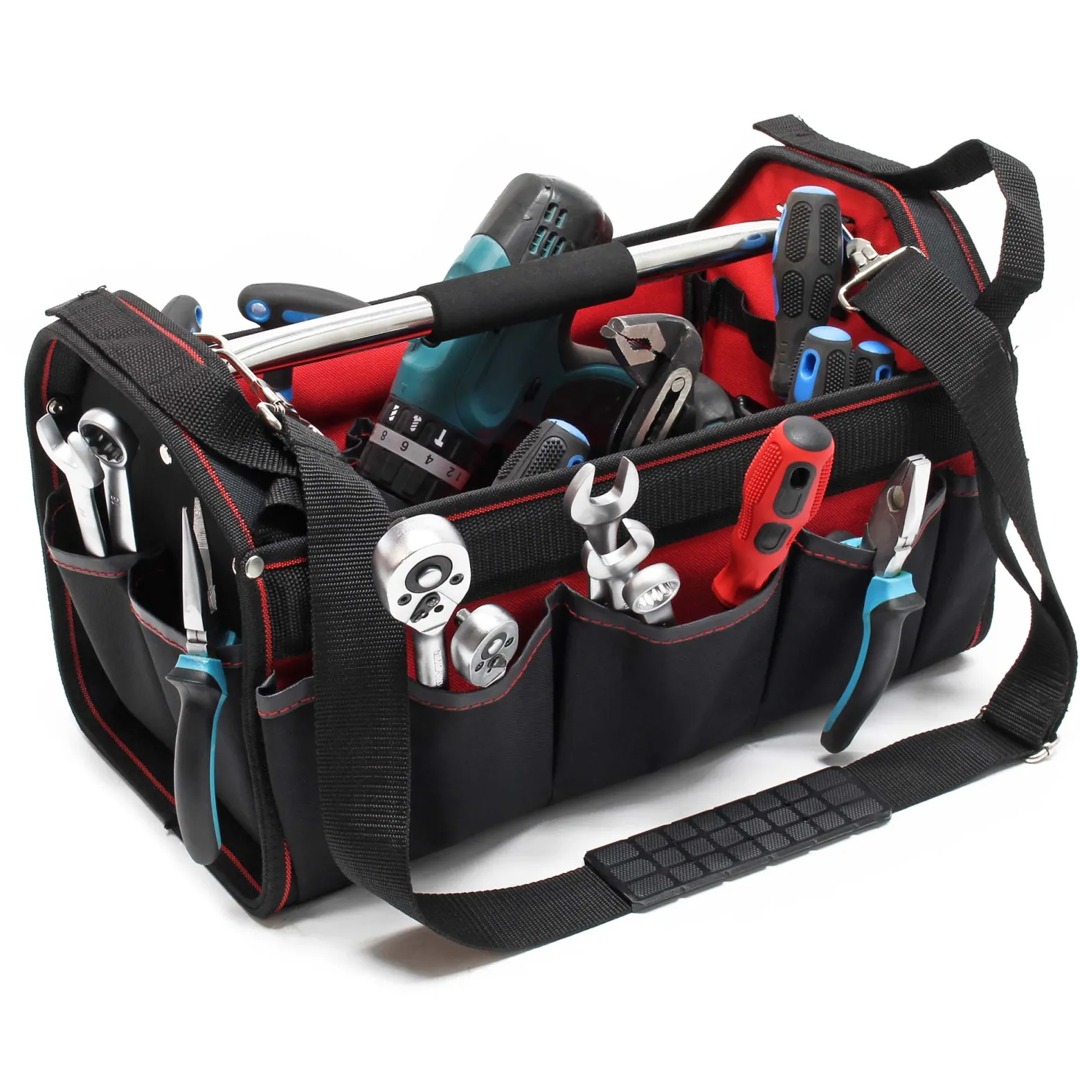 Wiltec Werkzeugtasche Größe L 33x18,5x25 cm, Werkzeugbeutel mit verstellbarem Schultergurt und Tragegriff, Innen- und Außenfächer, Aufbewahrungstasche