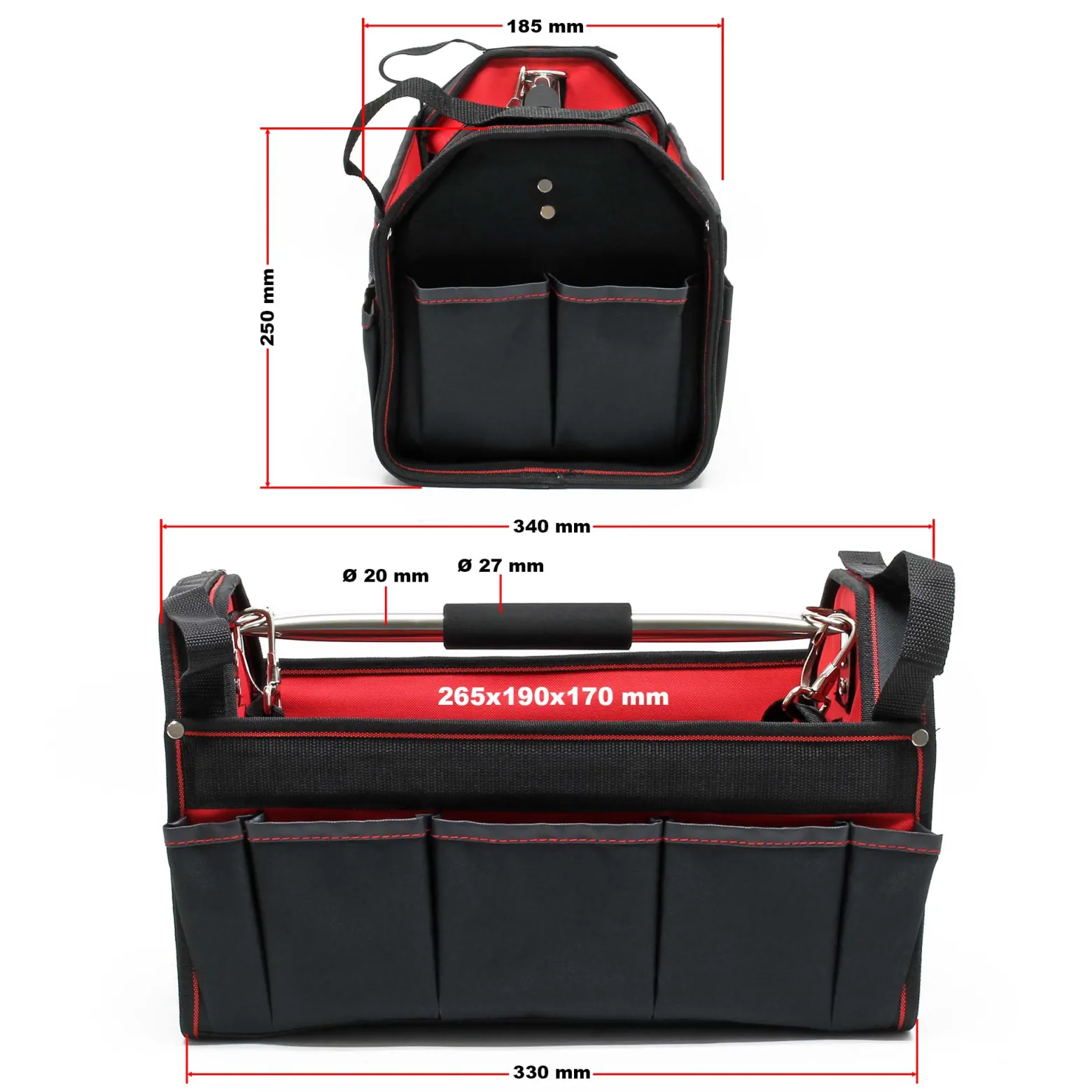 Wiltec Werkzeugtasche Größe L 33x18,5x25 cm, Werkzeugbeutel mit verstellbarem Schultergurt und Tragegriff, Innen- und Außenfächer, Aufbewahrungstasche