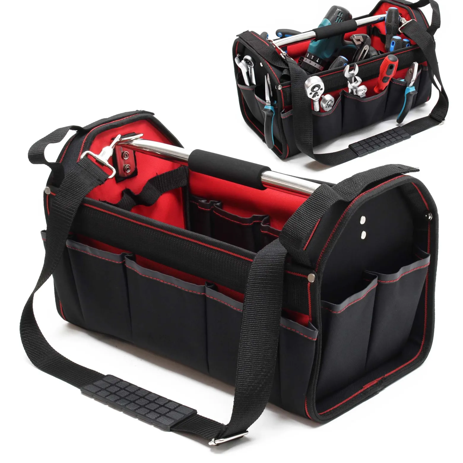 Wiltec Werkzeugtasche Größe L 33x18,5x25 cm, Werkzeugbeutel mit verstellbarem Schultergurt und Tragegriff, Innen- und Außenfächer, Aufbewahrungstasche