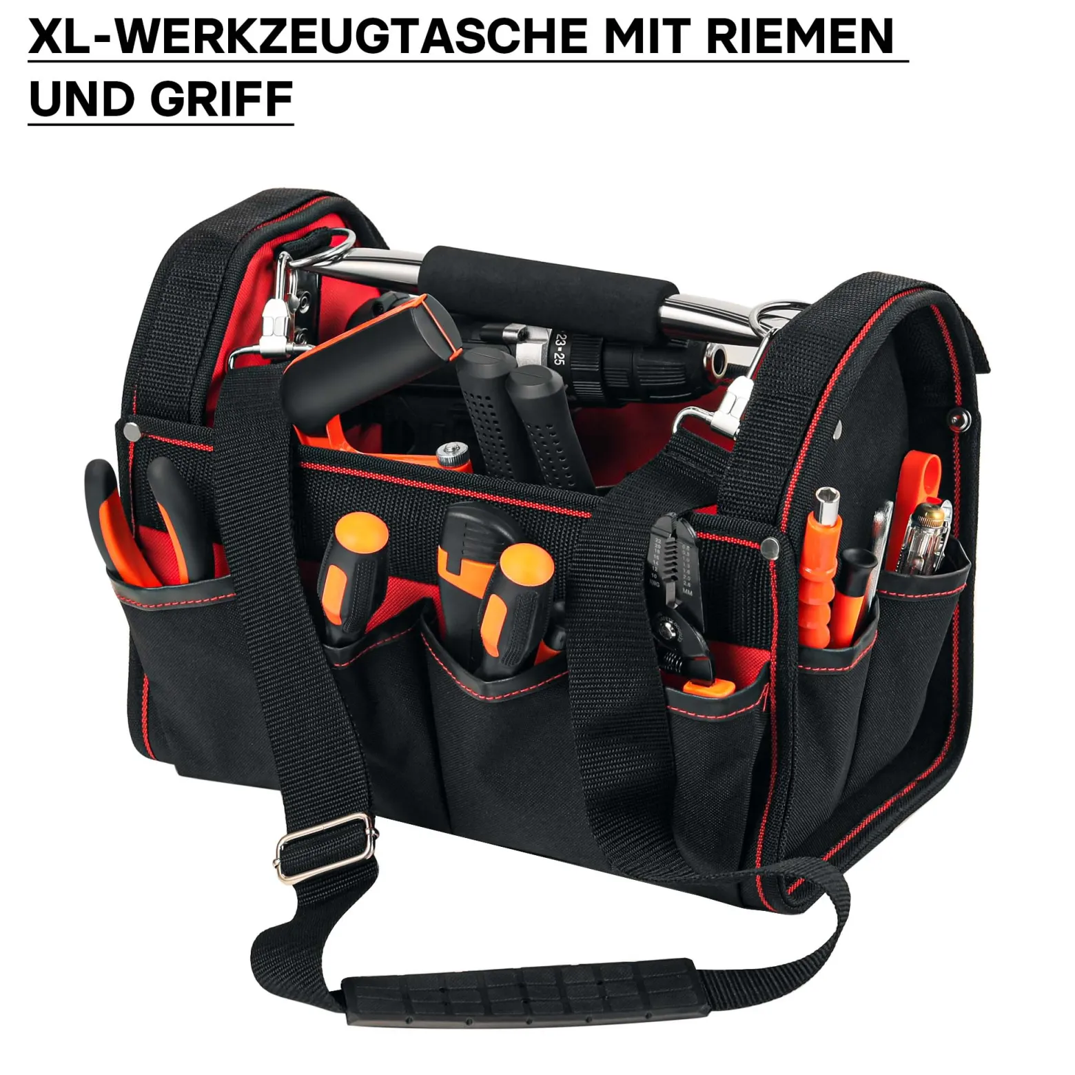 Wiltec Werkzeugtasche Größe XL 44x22x25 cm, Werkzeugbeutel mit verstellbarem Schultergurt und Tragegriff, Innen- und Außenfächer, Aufbewahrungstasche