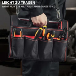Wiltec Werkzeugtasche Größe XL 44x22x25 cm, Werkzeugbeutel mit verstellbarem Schultergurt und Tragegriff, Innen- und Außenfächer, Aufbewahrungstasche
