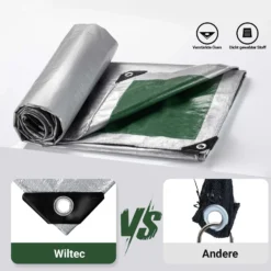 Wiltec wetterfeste Abdeckplane grün grau, wasserfeste Plane mit Ösen 3 x 2 m, PE Plane 120 g/m², UV-resistente Gartenplane, robuste Schutzplane