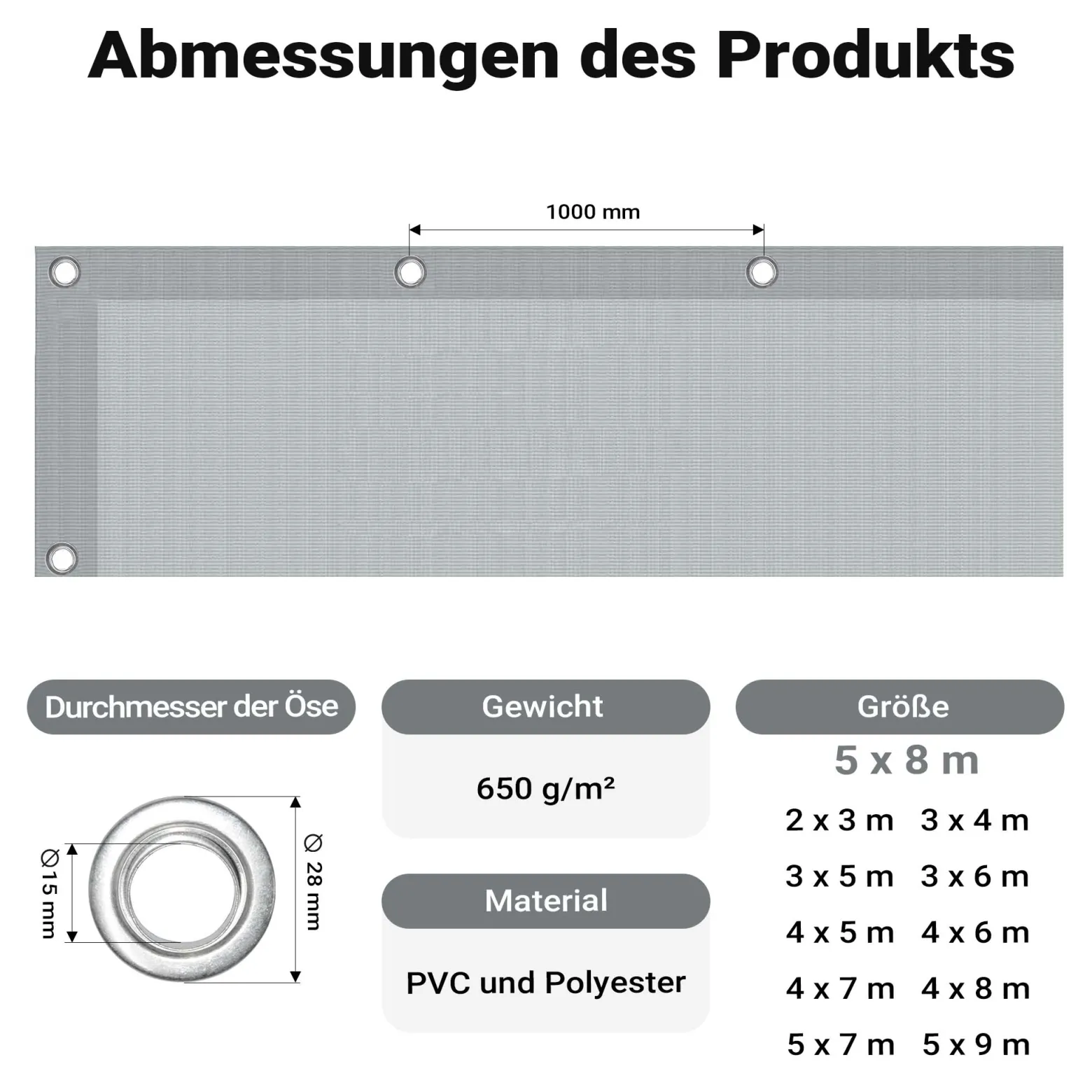 Wiltec wetterfeste Abdeckplane grau, wasserfeste Plane mit Ösen 5 x 8 m, Polyester Plane 650 g/m², UV-resistente Gartenplane, robuste Schutzplane mit PVC Beschichtung