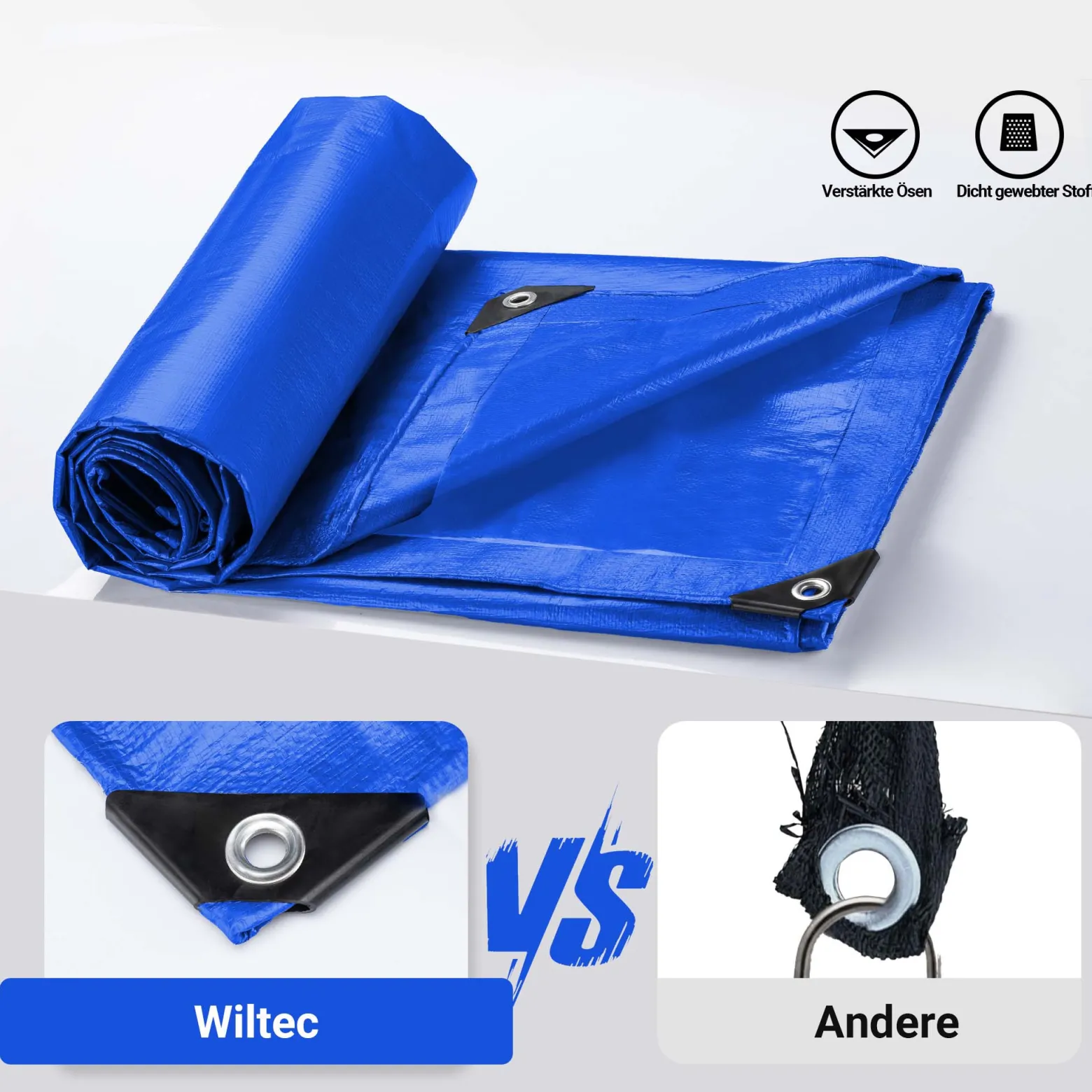Wiltec wetterfeste Abdeckplane blau, wasserfeste Plane mit Ösen 3 x 2 m, PE Plane 240 g/m², UV-resistente Gartenplane, robuste Schutzplane