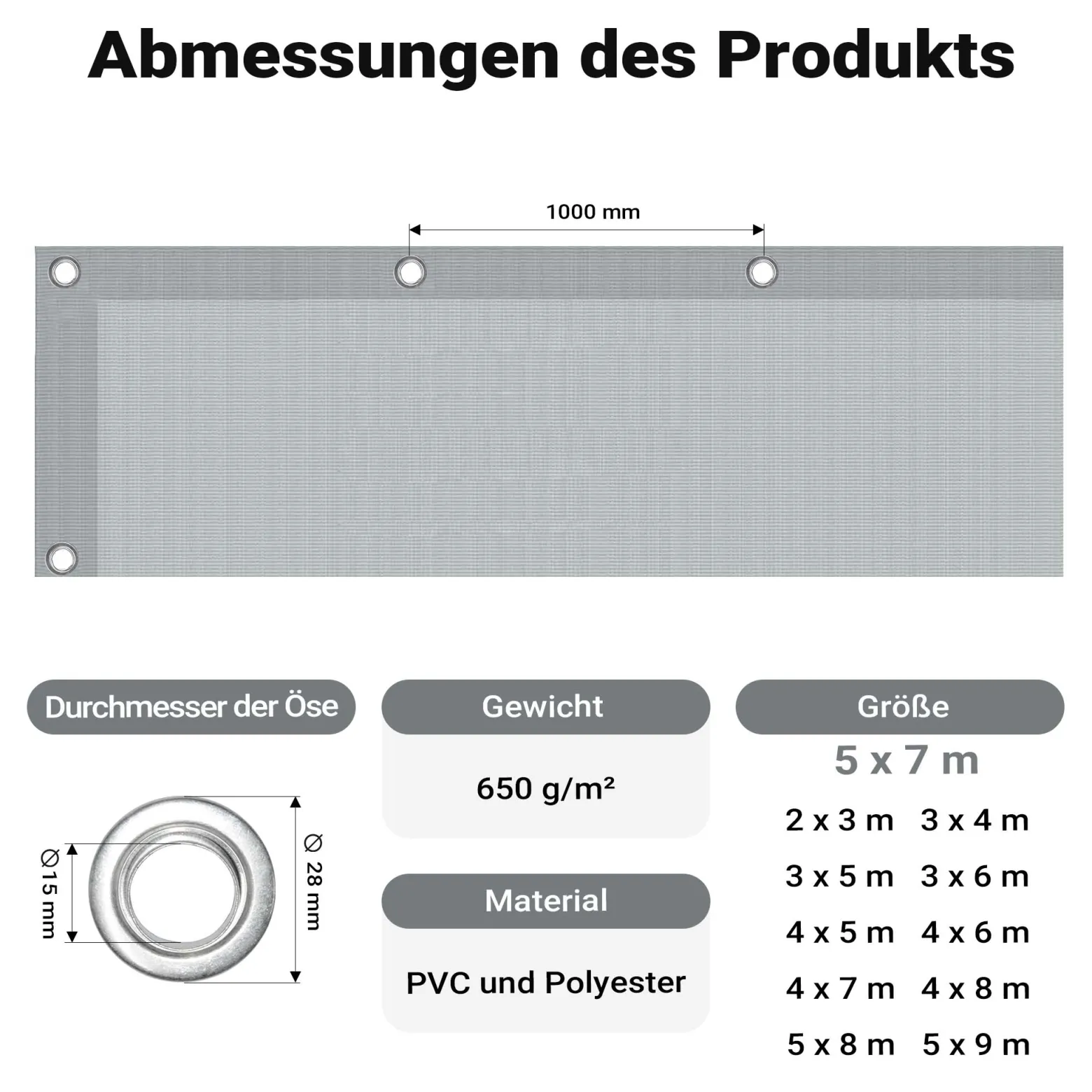 Wiltec wetterfeste Abdeckplane grau, wasserfeste Plane mit Ösen 5 x 7 m, Polyester Plane 650 g/m², UV-resistente Gartenplane, robuste Schutzplane mit PVC Beschichtung