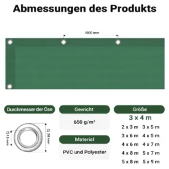 Wiltec wetterfeste Abdeckplane dunkelgrün, wasserfeste Plane mit Ösen 3 x 4 m, Polyester Plane 650 g/m², UV-resistente Gartenplane, robuste Schutzplane mit PVC Beschichtung