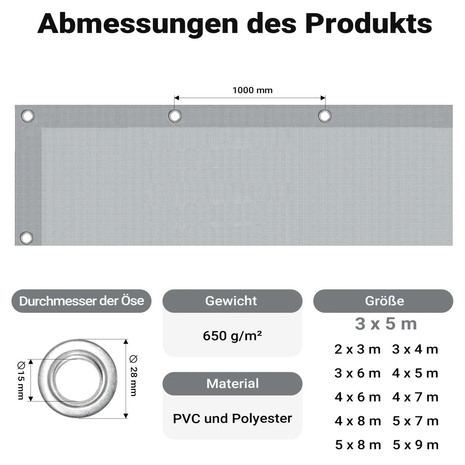 Wiltec wetterfeste Abdeckplane grau, wasserfeste Plane mit Ösen 3 x 5 m, Polyester Plane 650 g/m², UV-resistente Gartenplane, robuste Schutzplane mit PVC Beschichtung
