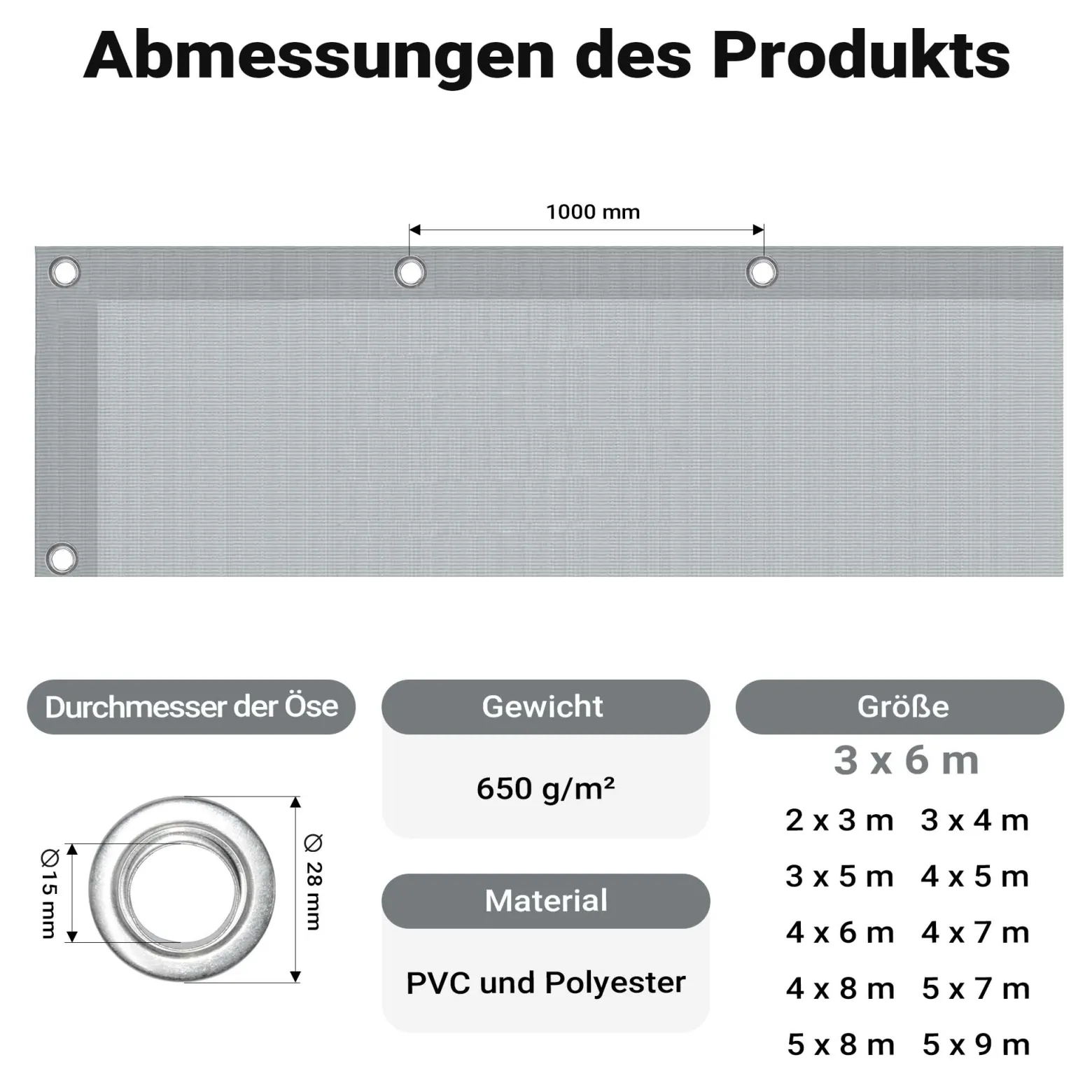 Wiltec wetterfeste Abdeckplane grau, wasserfeste Plane mit Ösen 3 x 6 m, Polyester Plane 650 g/m², UV-resistente Gartenplane, robuste Schutzplane mit PVC Beschichtung