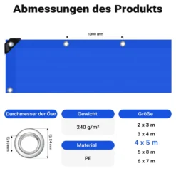 Wiltec wetterfeste Abdeckplane blau, wasserfeste Plane mit Ösen 5 x 4 m, PE Plane 240 g/m², UV-resistente Gartenplane, robuste Schutzplane