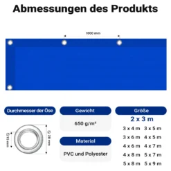 Wiltec wetterfeste Abdeckplane blau, wasserfeste Plane mit Ösen 2 x 3 m, Polyester Plane 650 g/m², UV-resistente Gartenplane, robuste Schutzplane mit PVC Beschichtung