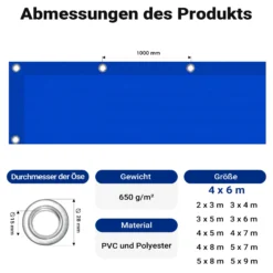 Wiltec wetterfeste Abdeckplane blau, wasserfeste Plane mit Ösen 4 x 6 m, Polyester Plane 650 g/m², UV-resistente Gartenplane, robuste Schutzplane mit PVC Beschichtung
