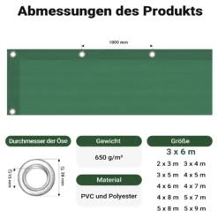 Wiltec wetterfeste Abdeckplane dunkelgrün, wasserfeste Plane mit Ösen 3 x 6 m, Polyester Plane 650 g/m², UV-resistente Gartenplane, robuste Schutzplane mit PVC Beschichtung