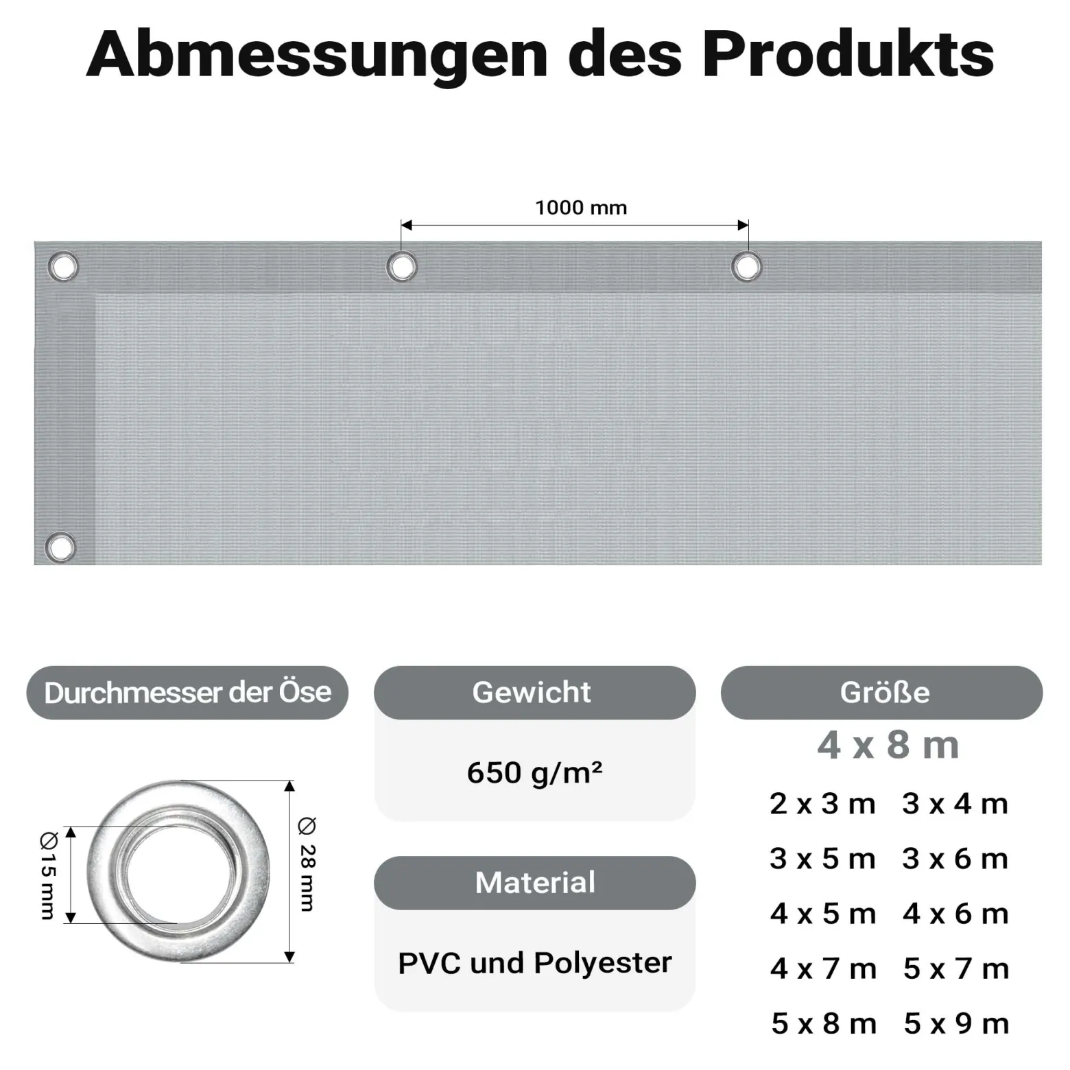 Wiltec wetterfeste Abdeckplane grau, wasserfeste Plane mit Ösen 4 x 8 m, Polyester Plane 650 g/m², UV-resistente Gartenplane, robuste Schutzplane mit PVC Beschichtung