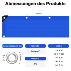 Wiltec wetterfeste Abdeckplane blau, wasserfeste Plane mit Ösen 4 x 3 m, PE Plane 240 g/m², UV-resistente Gartenplane, robuste Schutzplane