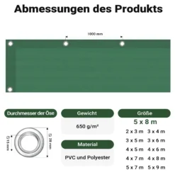 Wiltec wetterfeste Abdeckplane dunkelgrün, wasserfeste Plane mit Ösen 5 x 8 m, Polyester Plane 650 g/m², UV-resistente Gartenplane, robuste Schutzplane mit PVC Beschichtung