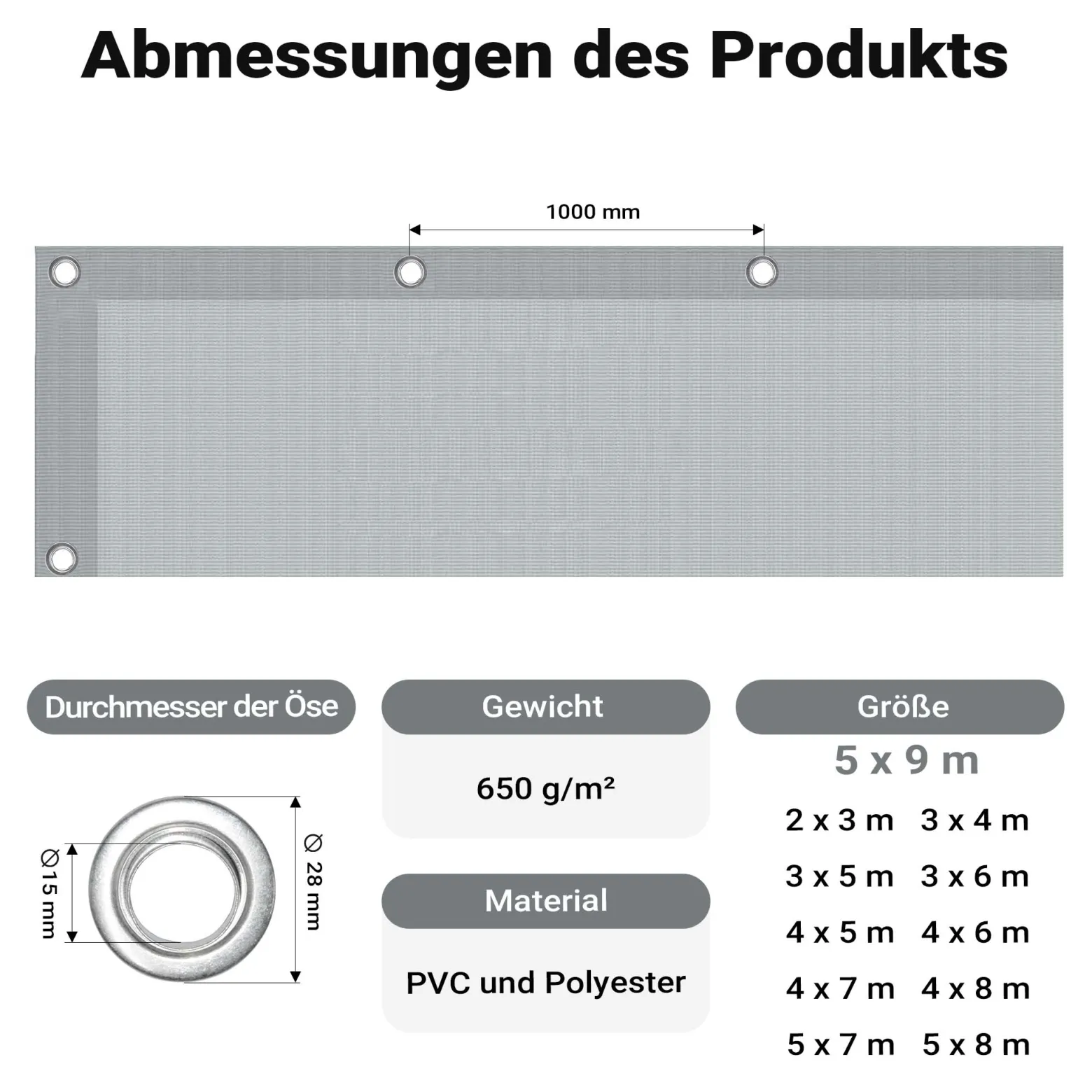 Wiltec wetterfeste Abdeckplane grau, wasserfeste Plane mit Ösen 5 x 9 m, Polyester Plane 650 g/m², UV-resistente Gartenplane, robuste Schutzplane mit PVC Beschichtung