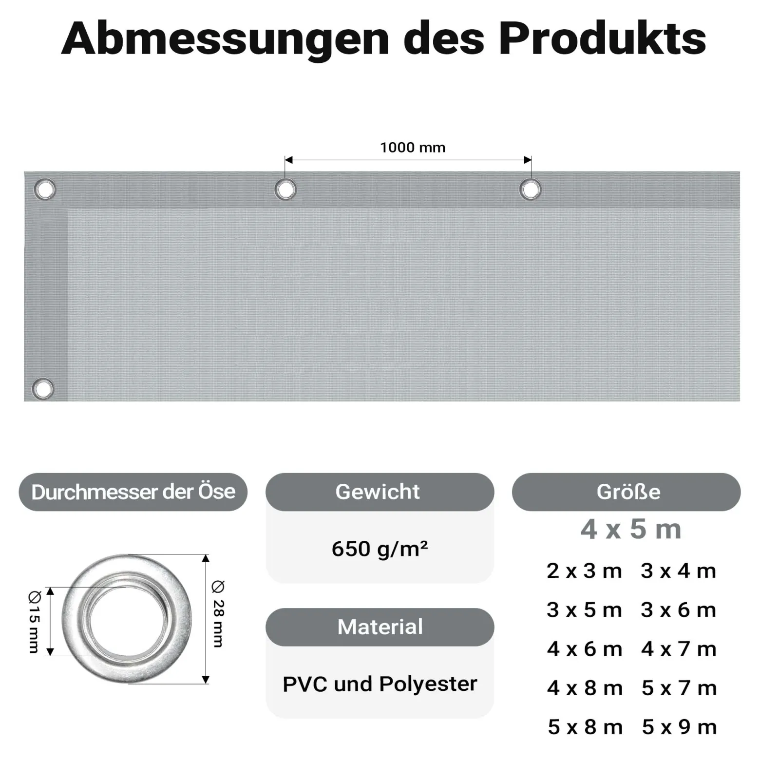 Wiltec wetterfeste Abdeckplane grau, wasserfeste Plane mit Ösen 4 x 5 m, Polyester Plane 650 g/m², UV-resistente Gartenplane, robuste Schutzplane mit PVC Beschichtung