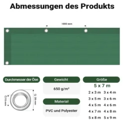 Wiltec wetterfeste Abdeckplane dunkelgrün, wasserfeste Plane mit Ösen 5 x 7 m, Polyester Plane 650 g/m², UV-resistente Gartenplane, robuste Schutzplane mit PVC Beschichtung