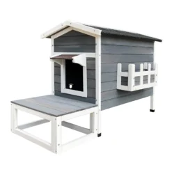 Wiltec Wetterfestes Katzenhaus 73,5 x 48 x 104,5 cm aus Holz, Katzenhütte Outdoor, Lodge Katzenhöhle mit Terrasse und Fluchttür