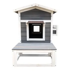 Wiltec Wetterfestes Katzenhaus 73,5 x 48 x 104,5 cm aus Holz, Katzenhütte Outdoor, Lodge Katzenhöhle mit Terrasse und Fluchttür