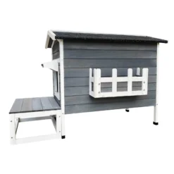 Wiltec Wetterfestes Katzenhaus 73,5 x 48 x 104,5 cm aus Holz, Katzenhütte Outdoor, Lodge Katzenhöhle mit Terrasse und Fluchttür