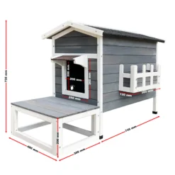 Wiltec Wetterfestes Katzenhaus 73,5 x 48 x 104,5 cm aus Holz, Katzenhütte Outdoor, Lodge Katzenhöhle mit Terrasse und Fluchttür