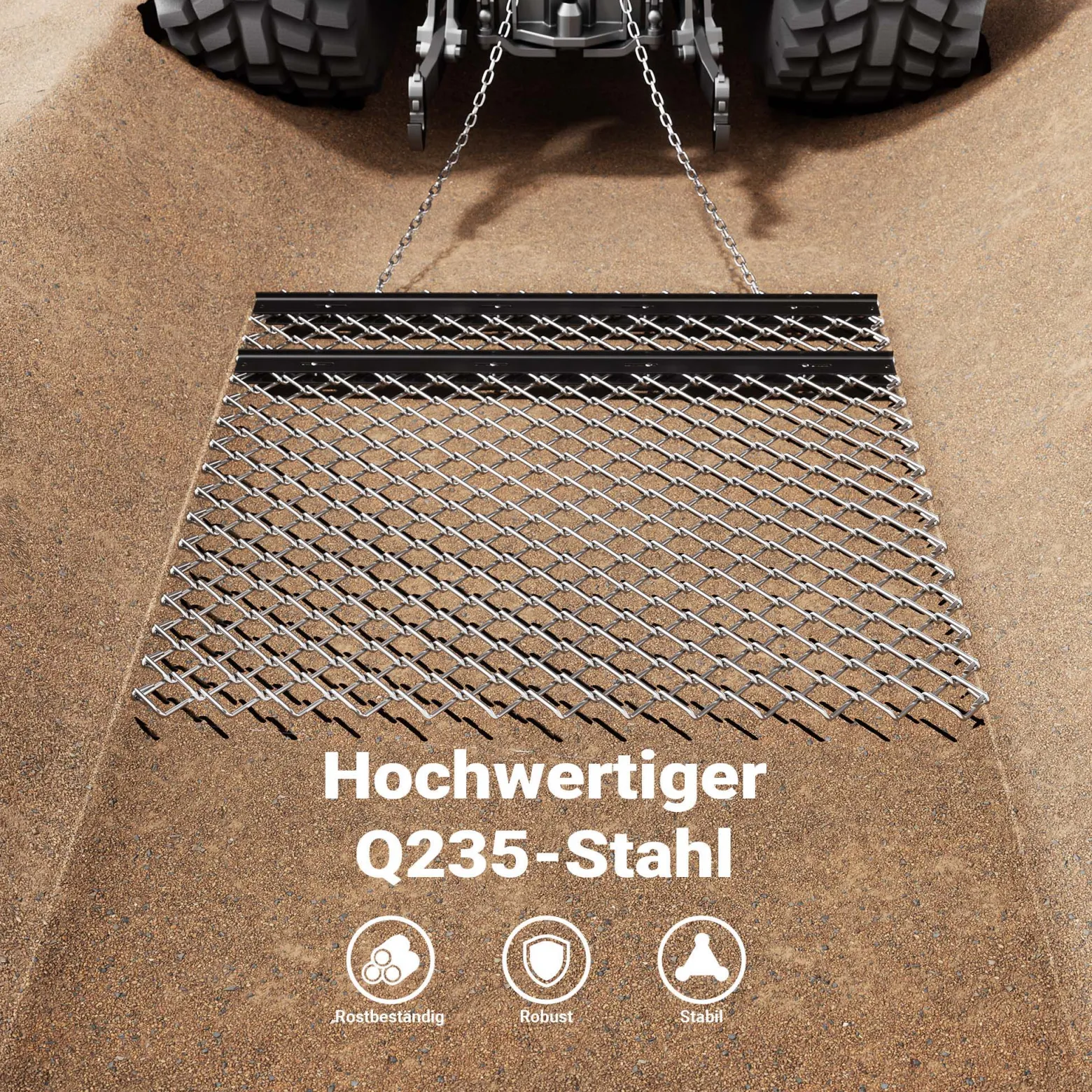 Wiltec Wiesenegge 155 x 123,5 cm mit Kettennetz, Schleppegge für Rasentraktor, ATV und UTV, Wiesenschleppe zur Bodenbearbeitung und Bodenbegradigung