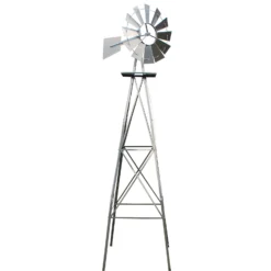 Wiltec Windrad mit 245 cm Höhe, Windmühle in Silberfarben, Windspiel im US-Design, Gartendeko mit kugelgelagertem Texasrad, Rankhilfe für Garten