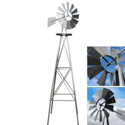 Wiltec Windrad mit 245 cm Höhe, Windmühle in Silberfarben, Windspiel im US-Design, Gartendeko mit kugelgelagertem Texasrad, Rankhilfe für Garten