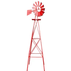 Wiltec Windrad mit 245 cm Höhe, Windmühle in Rot, Windspiel im US-Design, Gartendeko mit kugelgelagertem Texasrad, Rankhilfe für Garten