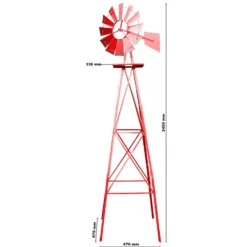 Wiltec Windrad mit 245 cm Höhe, Windmühle in Rot, Windspiel im US-Design, Gartendeko mit kugelgelagertem Texasrad, Rankhilfe für Garten