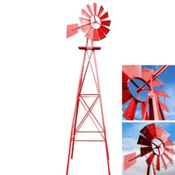 Wiltec Windrad mit 245 cm Höhe, Windmühle in Rot, Windspiel im US-Design, Gartendeko mit kugelgelagertem Texasrad, Rankhilfe für Garten