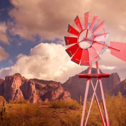 Wiltec Windrad mit 245 cm Höhe, Windmühle in Rot, Windspiel im US-Design, Gartendeko mit kugelgelagertem Texasrad, Rankhilfe für Garten