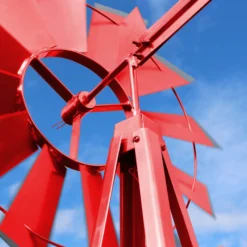 Wiltec Windrad mit 245 cm Höhe, Windmühle in Rot, Windspiel im US-Design, Gartendeko mit kugelgelagertem Texasrad, Rankhilfe für Garten