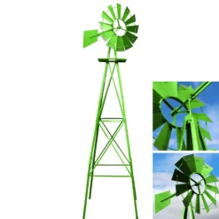 Wiltec Windrad mit 245 cm Höhe, Windmühle in Grün, Windspiel im US-Design, Gartendeko mit kugelgelagertem Texasrad, Rankhilfe für Garten