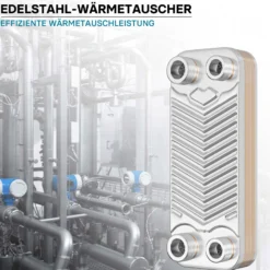 Wiltec Wärmetauscher 10 Platten, max. 22 kW, 4 m³/h 0,18 l je Durchgang, Plattenwärmetauscher aus Edelstahl als Wärmeüberträger