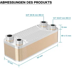Wiltec Wärmetauscher 20 Platten, max. 44 kW, 4 m³/h 0,36 l je Durchgang, Plattenwärmetauscher aus Edelstahl als Wärmeüberträger
