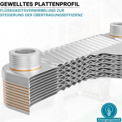 Wiltec Wärmetauscher 20 Platten, max. 44 kW, 4 m³/h 0,36 l je Durchgang, Plattenwärmetauscher aus Edelstahl als Wärmeüberträger