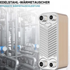 Wiltec Wärmetauscher 30 Platten, max. 66 kW, 4 m³/h 0,54 l je Durchgang, Plattenwärmetauscher aus Edelstahl als Wärmeüberträger